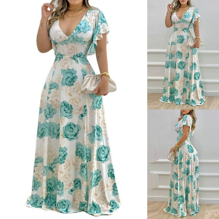 3/4 Sleeve Lotus Leaf Sleeve Print V Neck Maxi Dresses 3/4 Sleeve Lotus Leaf Sleeve Print V Neck Maxi Dresses