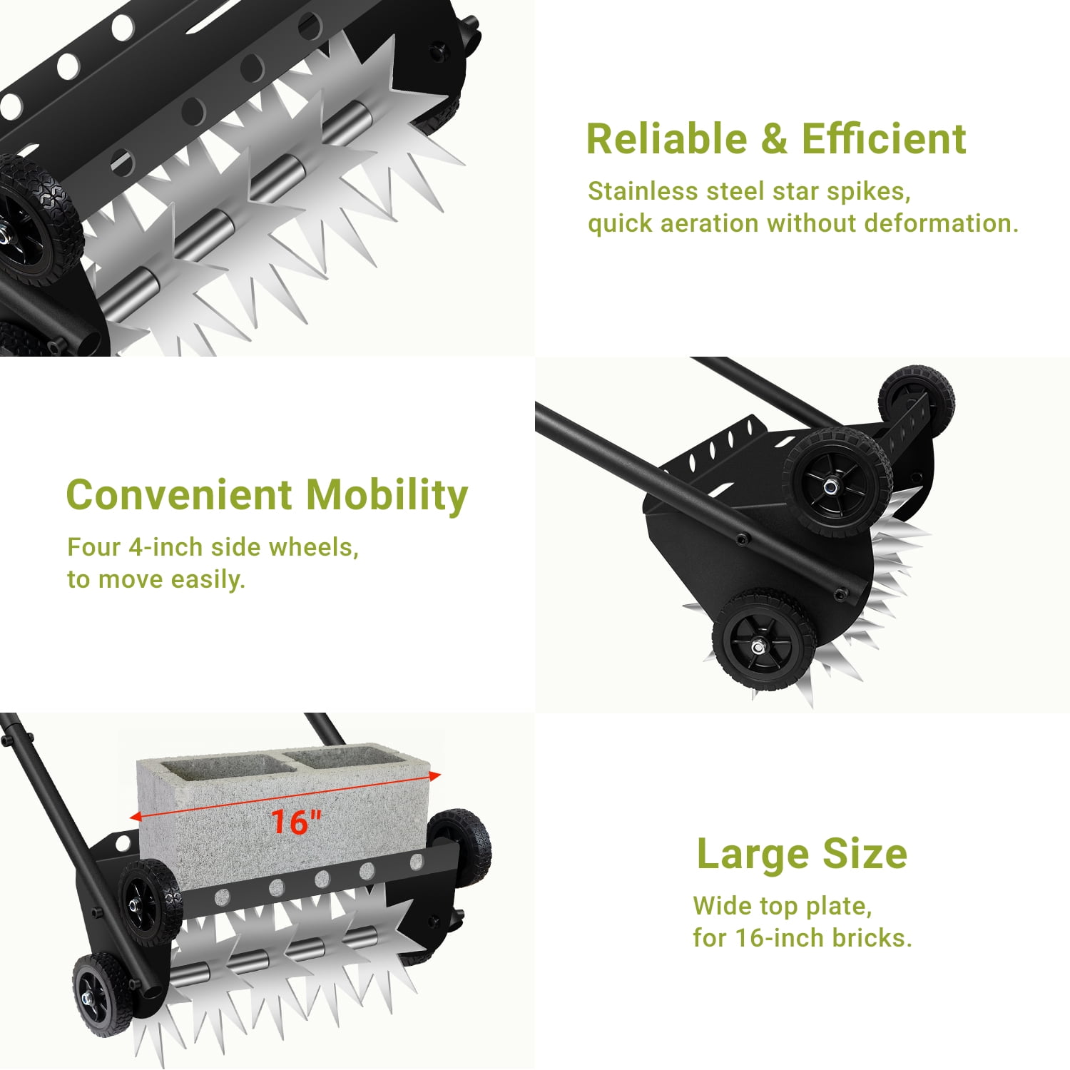 Push Spike Aerator,18Inch Push Lawn Aerator with 4 Wheels,Heavy Duty Rolling Manual Yard Aerator Lawn Tool with 45inch Handle,Suitable for Lawn Garden Yard Grass Maintenance