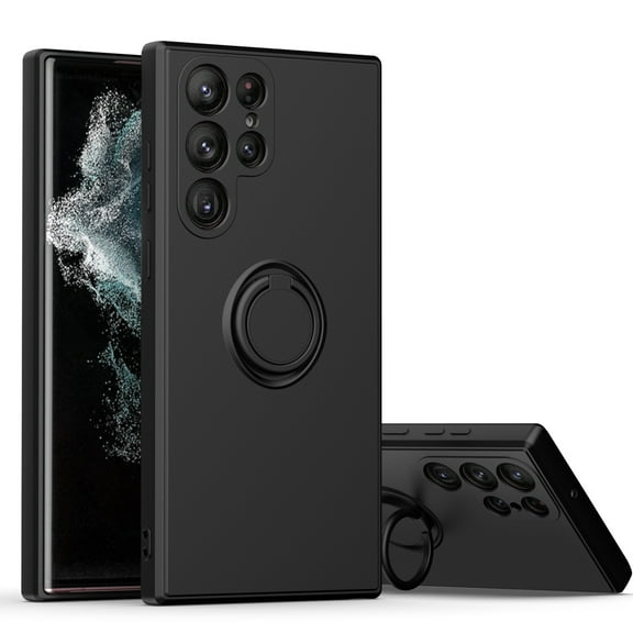 Silicone Ring Holder Case for Samsung Galaxy S23 Ultra, Shock Absorption, Bumper Design, 360ยฐ Kickstand Case, Support Magnetic Car Mount, for Samsung Galaxy S23 Ultra 6.8" 2023,Black