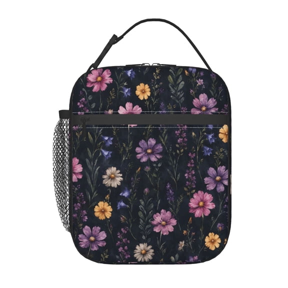 Dark Wildflower Lunch Bag Reusable Thermal Lunch Box with Handle for Women and Men