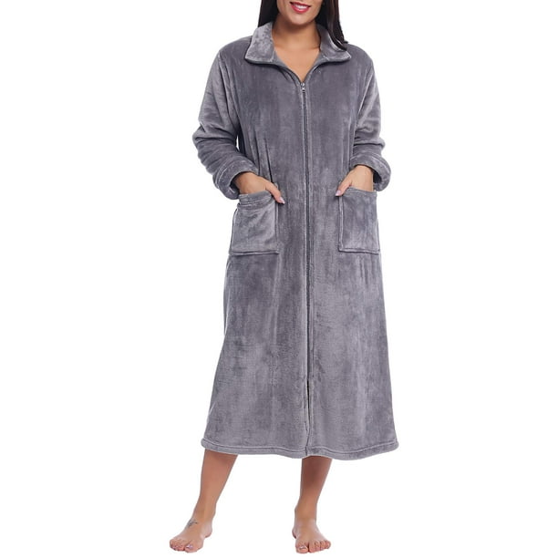 Winter Bathrobes Womens Zip Up Fleece Robe Long Plush Bathrobe Soft