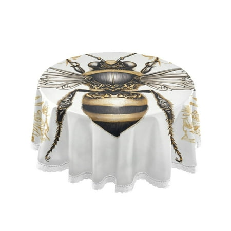 

60 Round Tablecloth with White Lace Trim Wrinkle & Heat-Resistant Table Cover for Dining and Home Decor Bee with Ornate Patterns