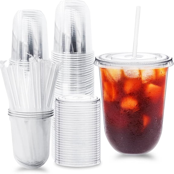 50 Pack Clear Plastic Cups with Lids and Straws,16 oz Disposable Iced Coffee Cups,PET Crystal Cups,Round Bottom To Go Cup for Iced Coffee Juice Smoothie Cold Beverage