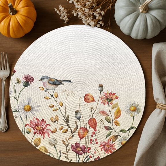 Fall Pink Flower Round Braided Placemats Set of 2, Bird White Daisy Leaf Pastoral Vintage Heat Insulation Place Mats Washable Non-Slip Table Mats for Kitchen Dining Party, 13 Inches