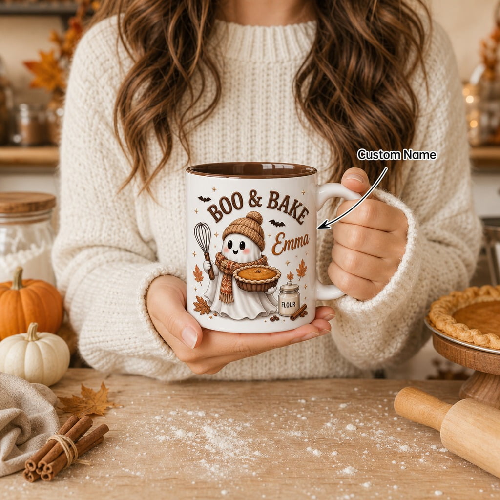 Mug Cute Baking Ghost Custom Name Ceramic Coffee Cup for Fall Bakers