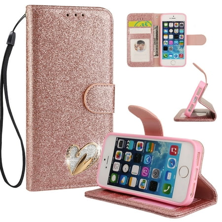 iPhone 5 5S Case Wallet, iPhone SE Case, Allytech Glitter Folio Kickstand with Wristlet Lanyard Shiny Sparkle Luxury Bling Card Slots Slim Cover for Apple iPhone 5 5S SE (Best Iphone 5 Cases For Women)