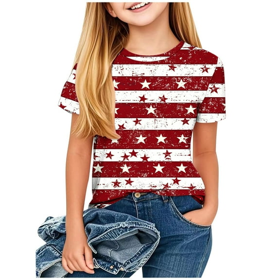 ZACPNCV Flag Shirt for Girls USA Flag T-Shirt 4th of July Shirt Patriotic Tee Tops Independence Day Clothes Blue 7-8 Years