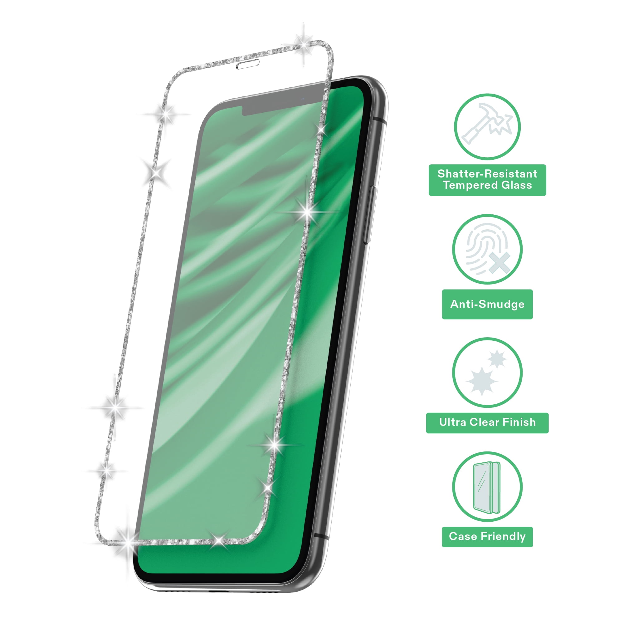 onn Glitter Frame Glass Screen Protector with Easy Application Tray for iPhone 11 / iPhone XR