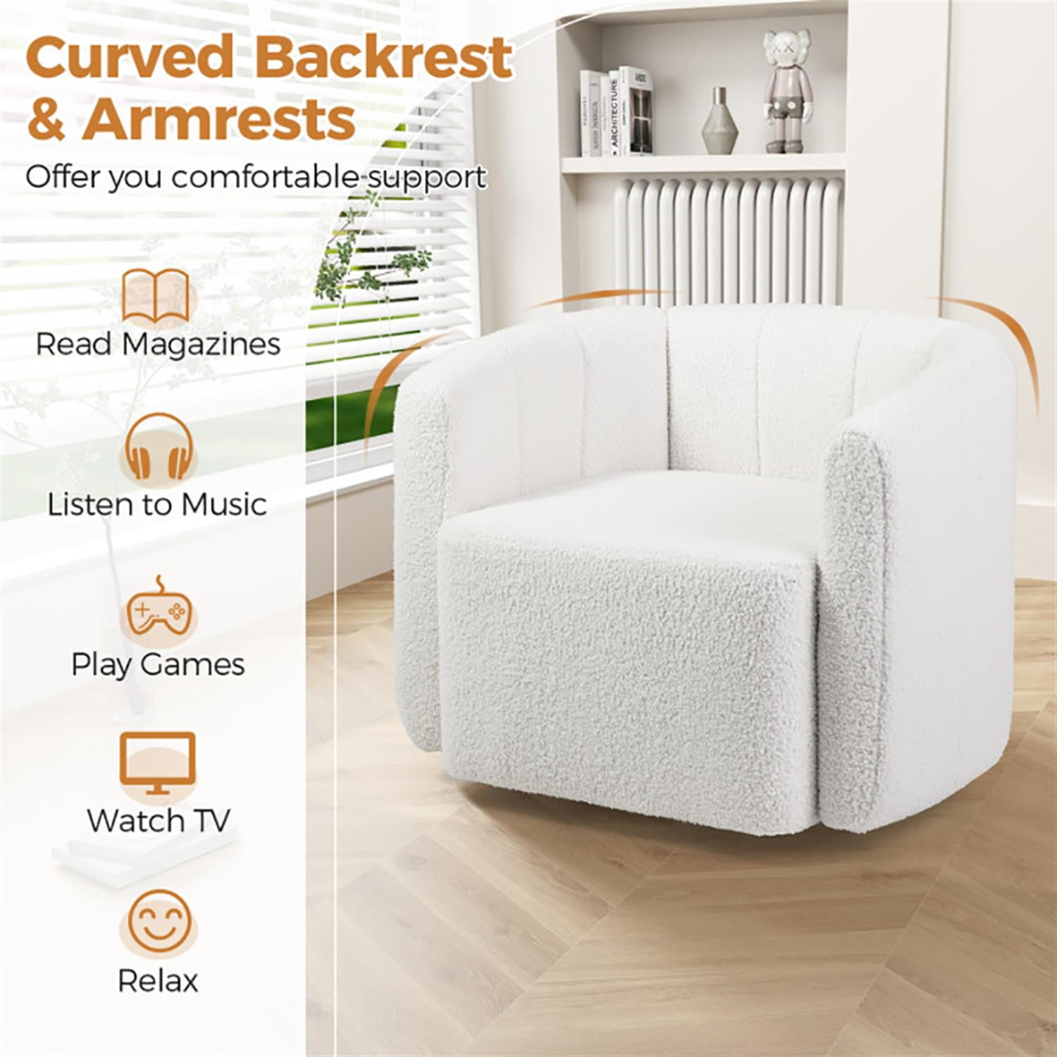 Demi Bonn Sherpa Accent Chair, Elegant Armchair with Curved Backrest and Armrests, Suitable for Living Room Bedroom Reception Room Office, White
