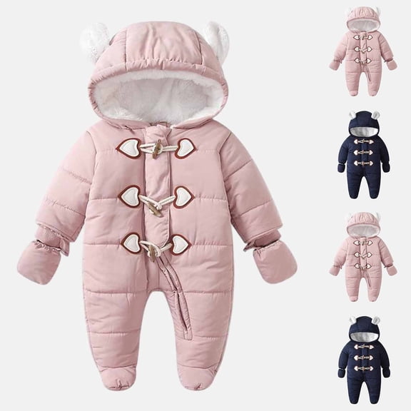 QSXADF Toddler Boy Girl Snowsuit Winter Thick Warm Romper Solid Color Quilted Cotton Padded Hooded Long Sleeve Button Mitts Warm Winter Romper Little Kid's Jumpsuits