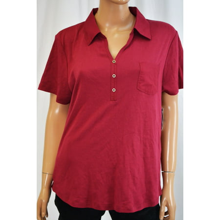 Karen Scott - Karen Scott Women's Henley Collar Cotton Red Polo Blouse ...