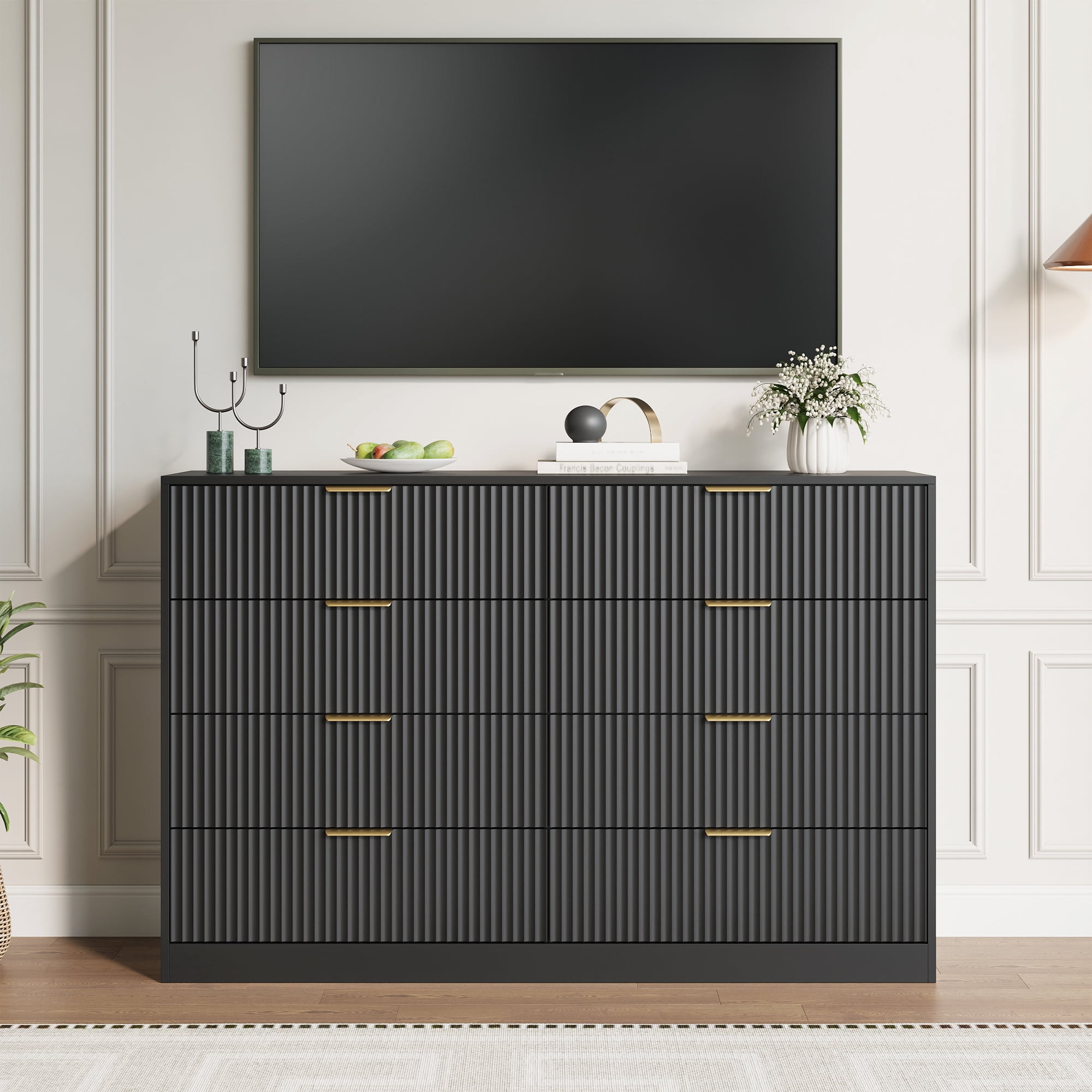 YouTrend Black 8 Drawer Dresser with for Bedroom,Modern Adult Fluted Wood Chest of Drawer with Golden Embedded Handles for Living Room,Hallway