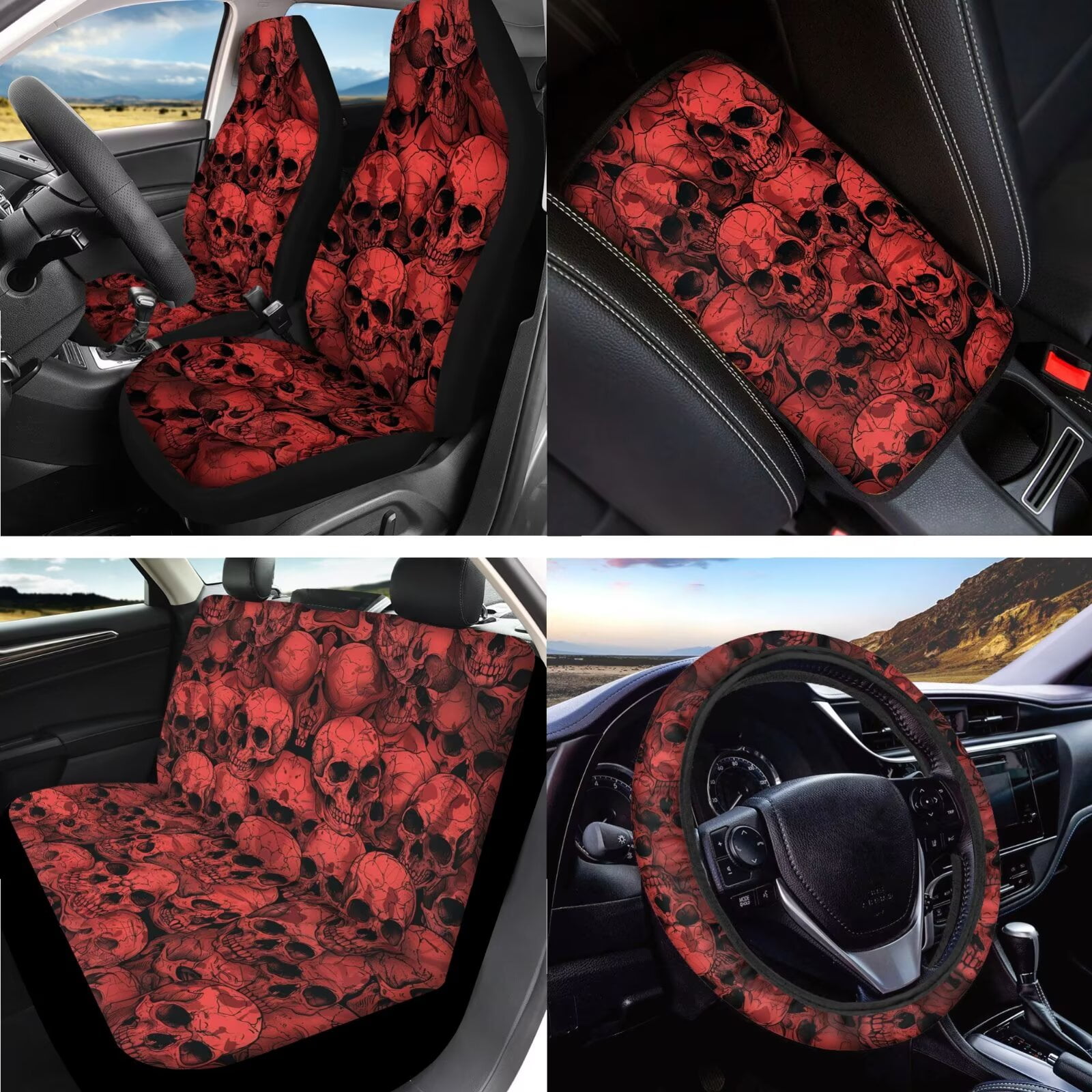 LedBack Skull Printed Car Seat Covers Full Set with Steering Wheel Covers Seat Belt Covers Head Rest Covers Lipstick Holder Keychain Car Rear View Mirror Protector Car Accessories, 15 Pack
