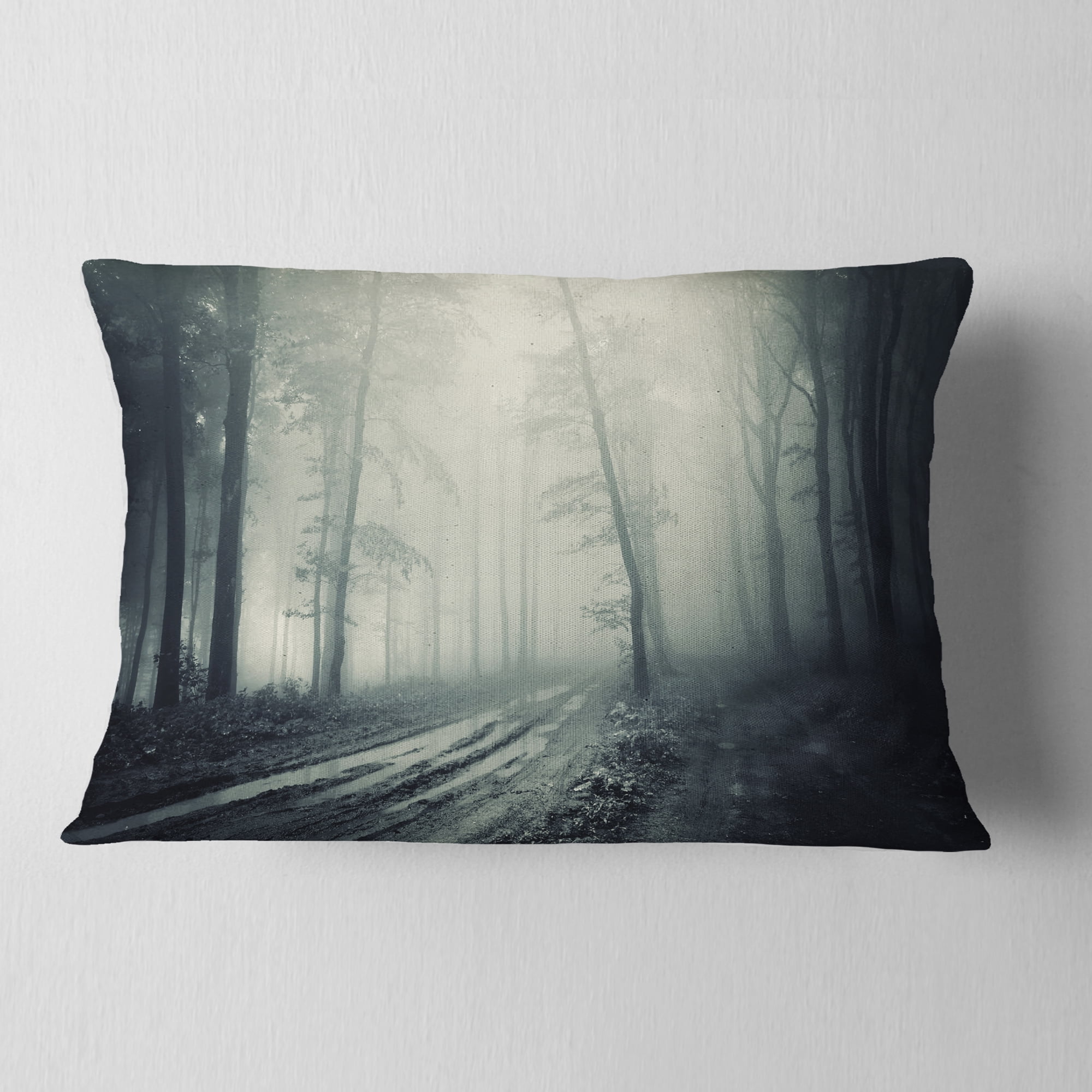 Designart Spooky Dark Forest with Fog - Landscape Photography Throw Pillow - 12x20