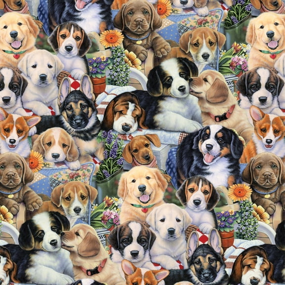 David Textiles 44" Cotton Garden Puppies Fabric by the Yard, Multi