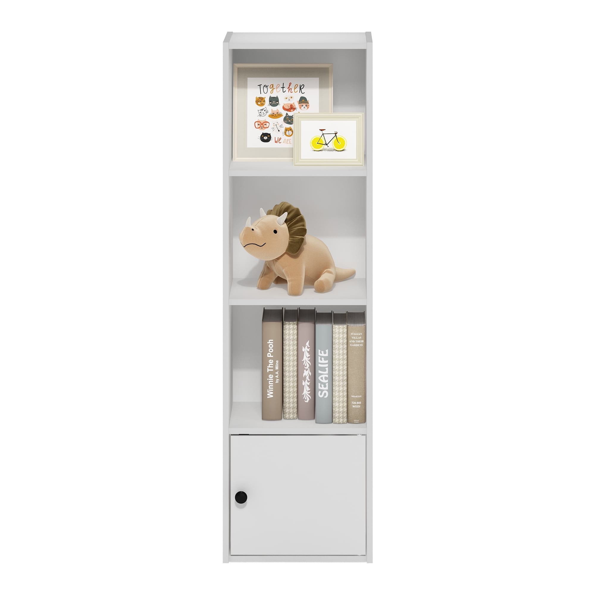 Furinno Luder Adult 4-Tier Shelf Bookcase with 1 Door Storage Cabinet, White