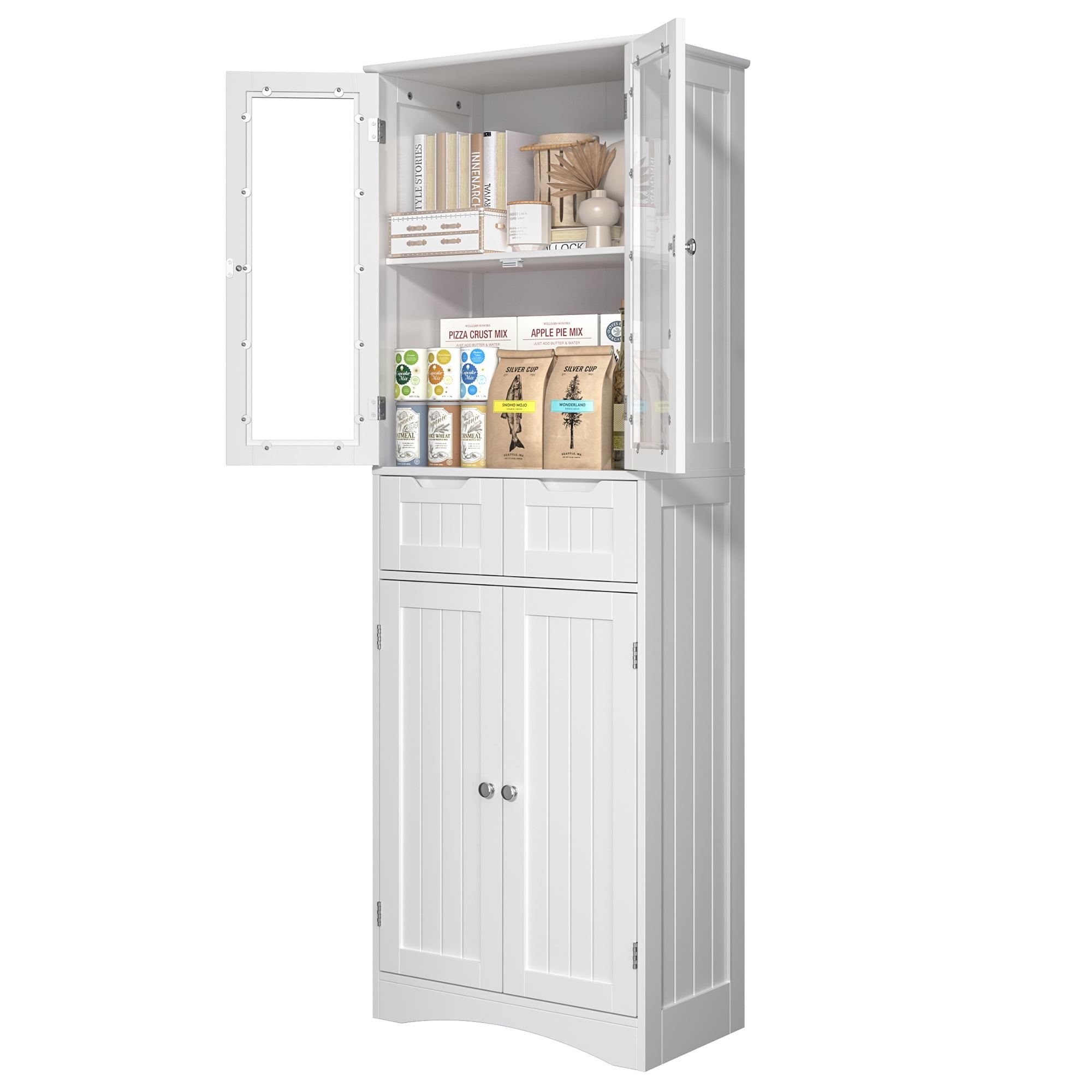 Pantry Cabinet,Lofka 67" Kitchen Pantry with Glass Door & Shelves & 2 Drawers, White