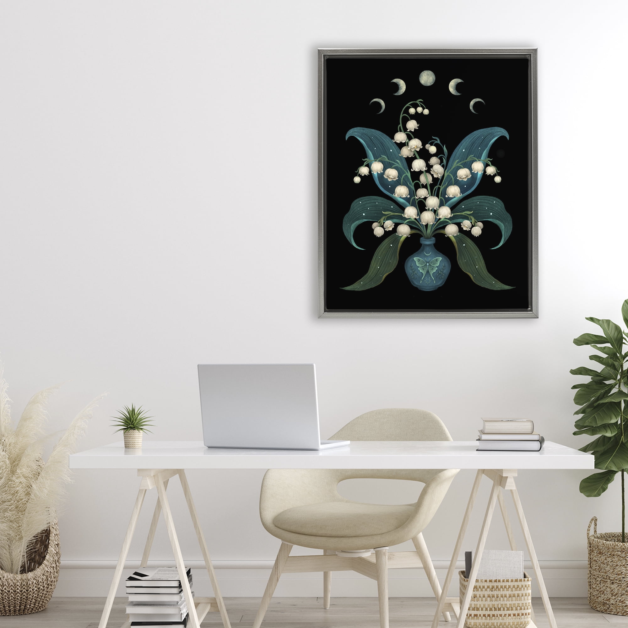 Stupell Industries Lunar Lily Of Valley Gray Framed Floater Canvas Wall Art, design by Episodic Drawings