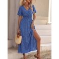 thumbnail image 3 of Womens Blue Polka Dot V-Neck Ruched Side Maxi Dress With Slit, 3 of 5