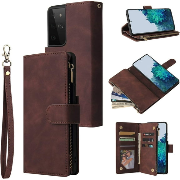 Wallet Case for Samsung Galaxy S21 Ultra, Premium Vintage PU Leather Magnetic Closure Handbag Zipper Pocket Case Kickstand Card Holder Slots with Wrist Strap TPU Shockproof Flip Case - Coffee