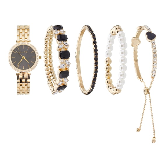 Jessica Carlyle Holiday 2022 Ladies Analog Watch With 4 Piece Stackable Bracelet Set, Shiny Gold