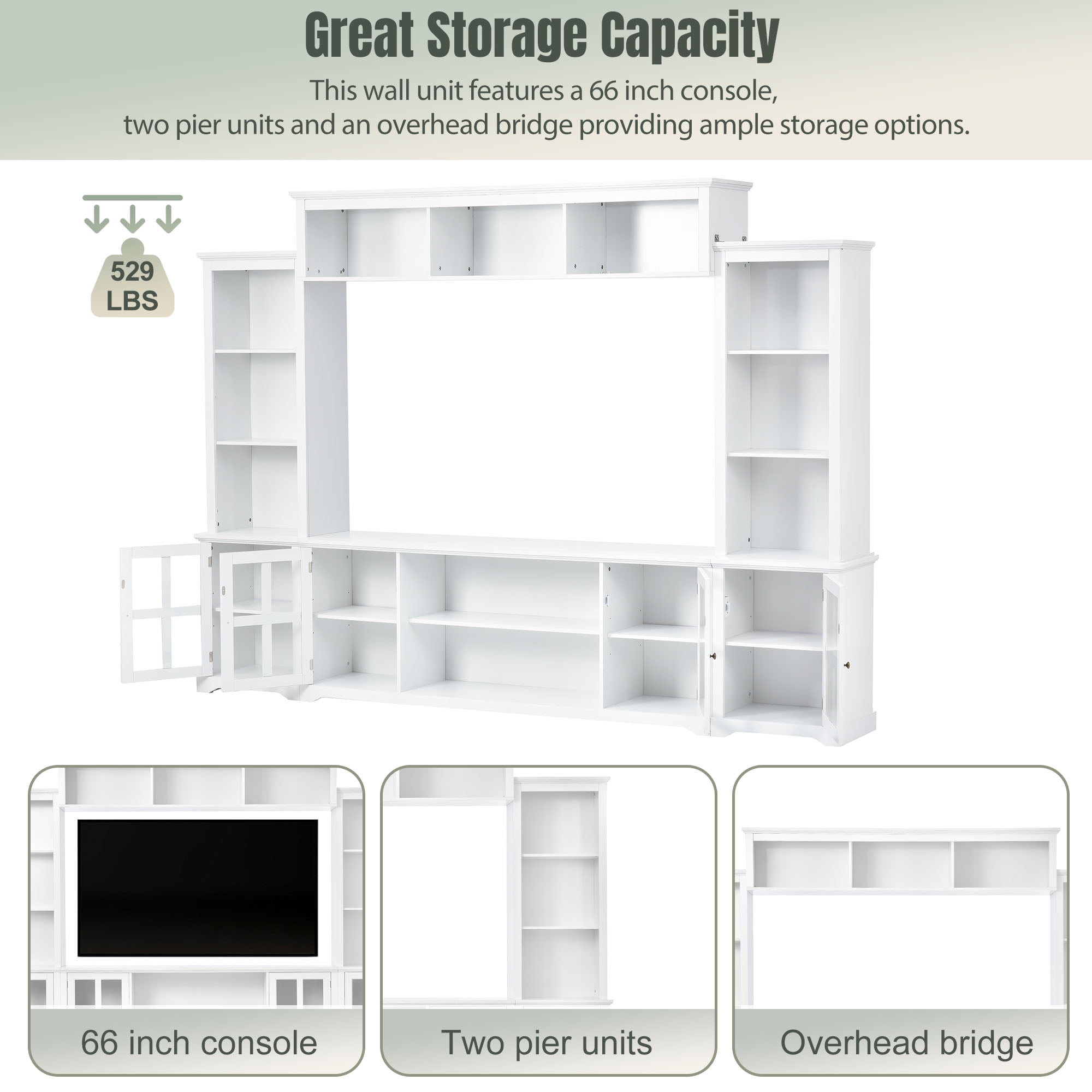 MAYEERTY 104*79"Large Wall Unit 3in1 TV Cabinet: Bookshelves, Cabinets, Open Shelves, Supports TVs Up to 66", White