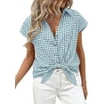 thumbnail image 3 of PRETTYGARDEN Womens Button Down Shirts V Neck Short Cap Sleeve Collared Plaid Tops Summer Spring Casual Blouses Clothes, 3 of 8