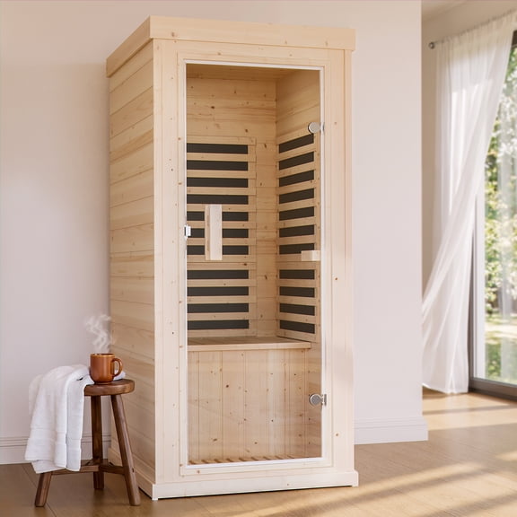 NETAJE 1-Person Indoor Infrared Sauna, Spruce Wood Dry Sauna with Control Panel and LED Light for Home, Gym, 27.6" x 31.5" x 60.2"