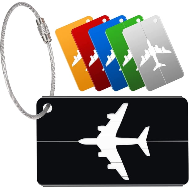 Juego de 6 etiquetas para equipaje, etiquetas para maletas/aviones, etiquetas de aleación de aluminio con cordones de acero inoxidable y tarjeta de PVC impermeable (6 colores)