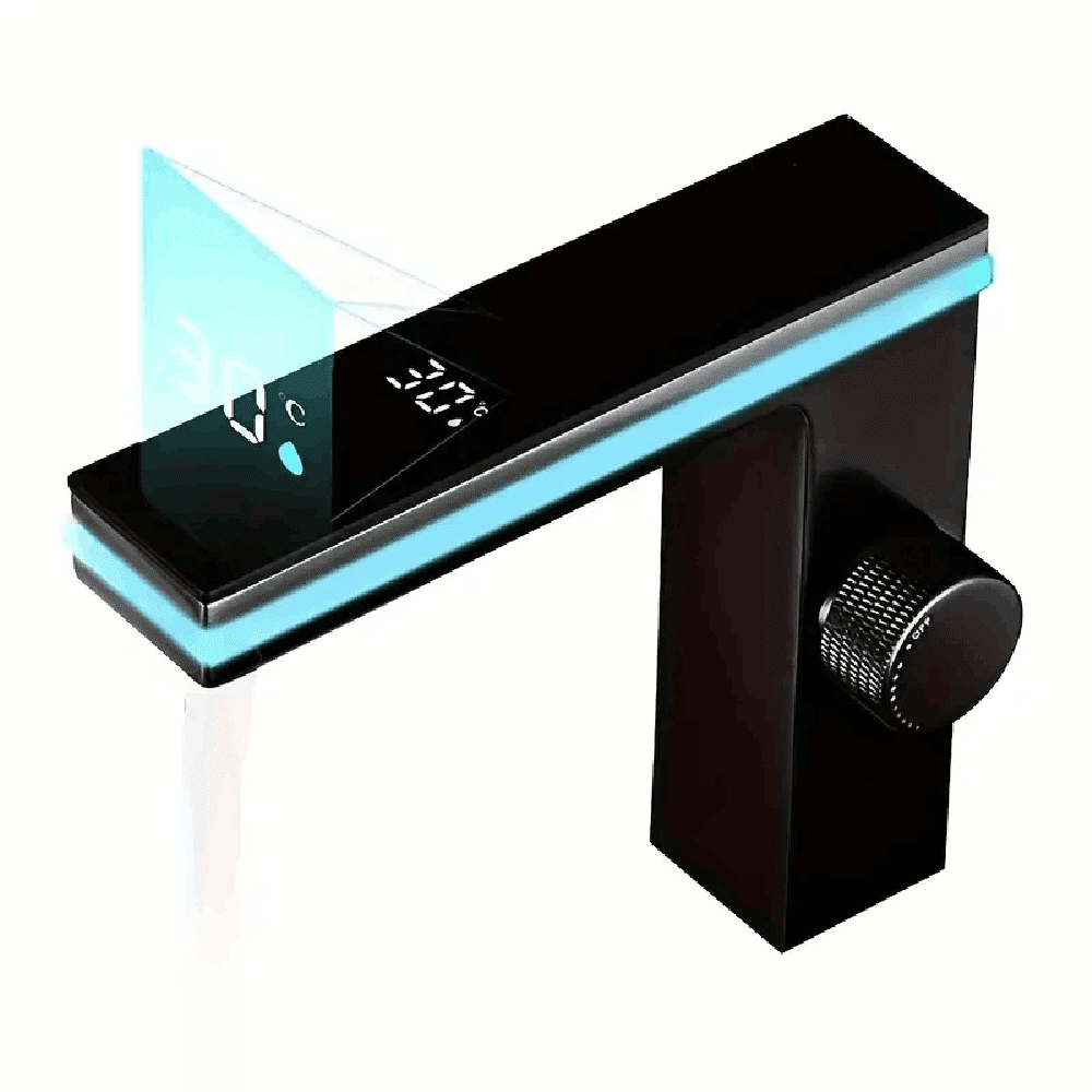 Black Bathroom Sink Faucet 1 Hole LED Temp Display Lavatory Vanity Mixer Taps