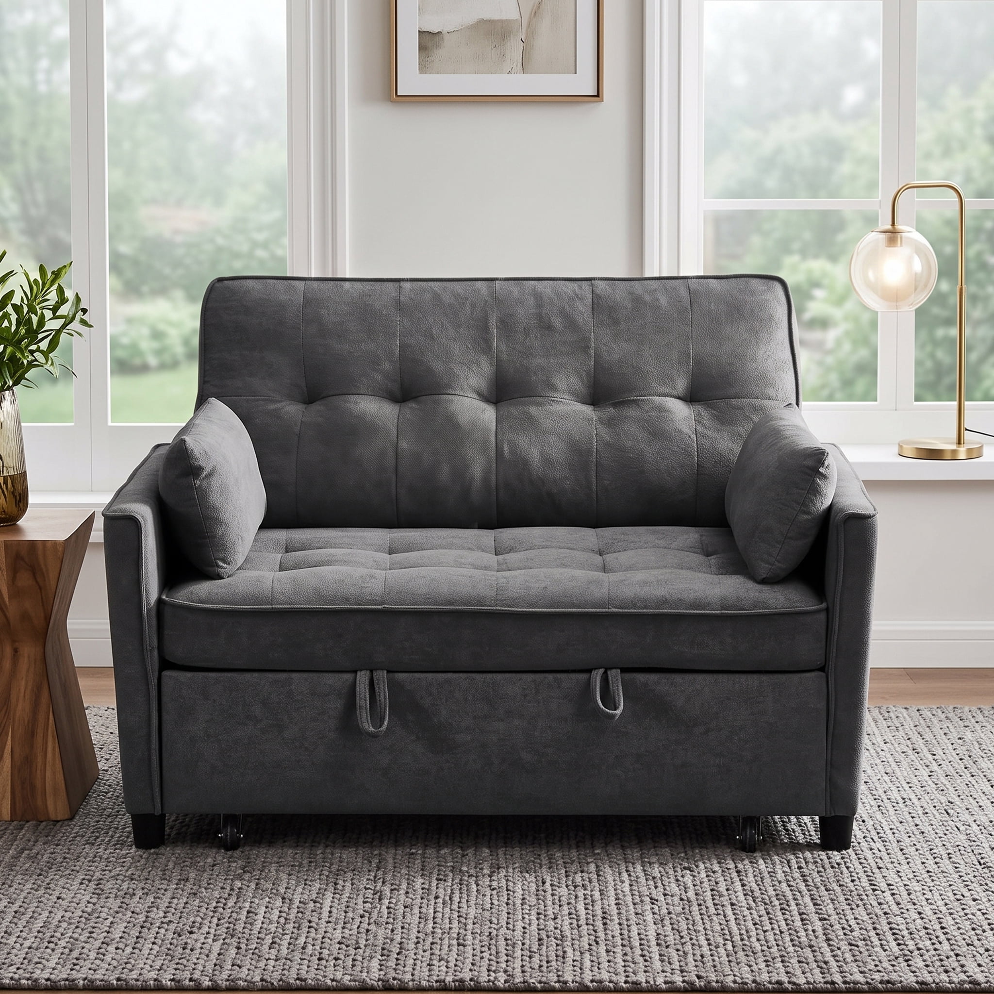 Anpport 54" 3‑in‑1 Convertible Sofa Bed, Towel Fabric, 3‑Position Adjustable Backrest with USB Charging Ports, for Living Room, Apartment, Dark Gray
