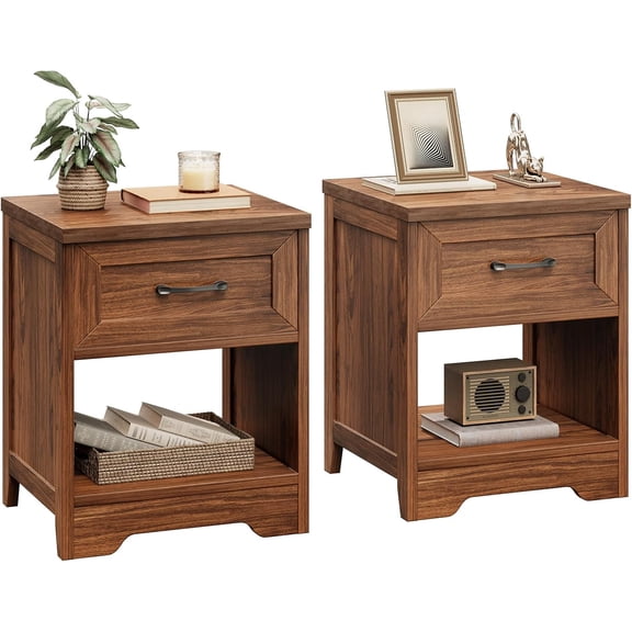 Farmhouse Nightstand Set of 2, Rustic End Tables with Drawer & Open Storage, Wood Bedside Tables for Bedroom, Walnut