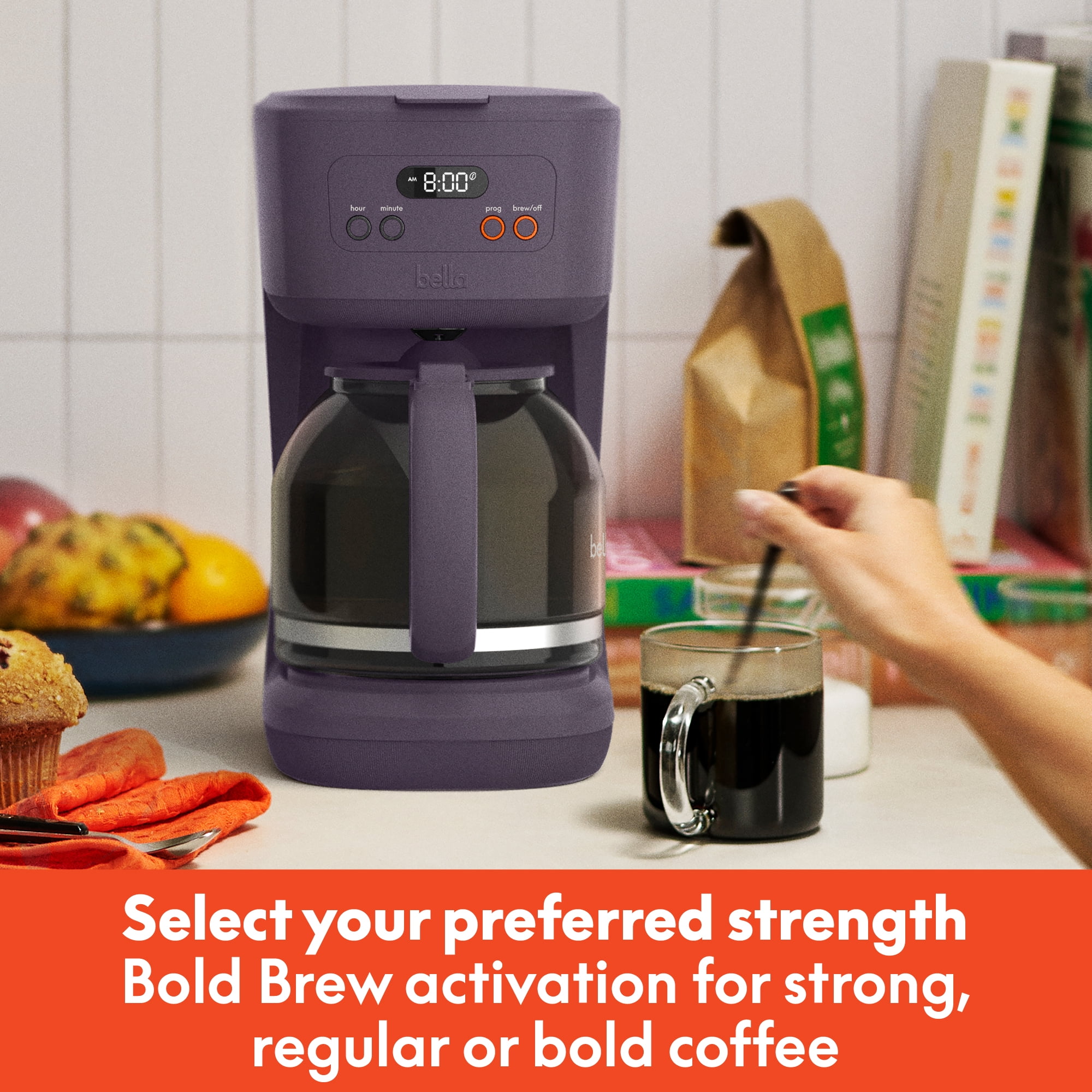 bella 12 Cup Programmable Drip Coffee Maker with Glass Carafe, Auto Shut-Off, Plum