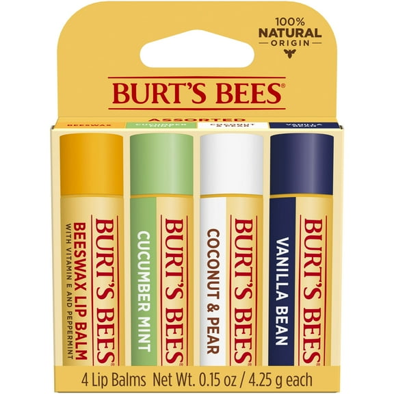 Burt's Bees 100% Natural Moisturizing Lip Balm, Multipack, Original Beeswax, Cucumber Mint, Coconut & Pear and Vanilla Bean with Beeswax & Fruit Extracts, 4 Tubes
