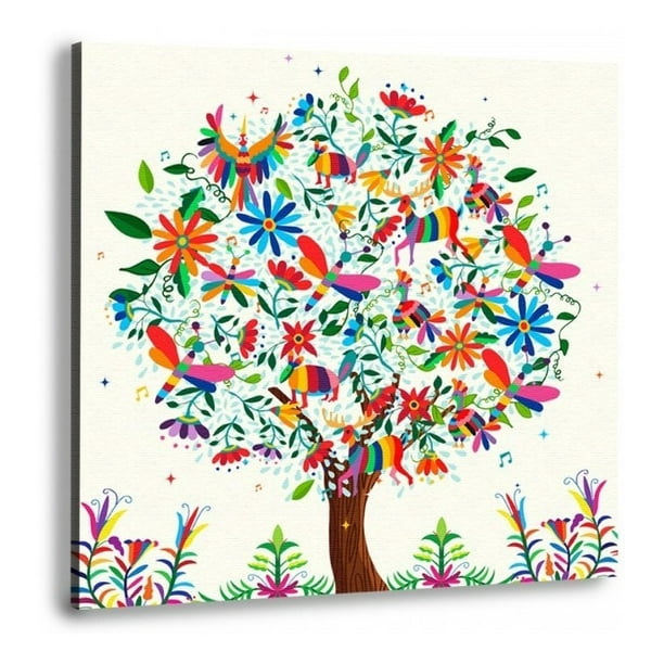 Cuadro Arbol De La Vida Arte Mexicano En Canvas (Fondo Crema)