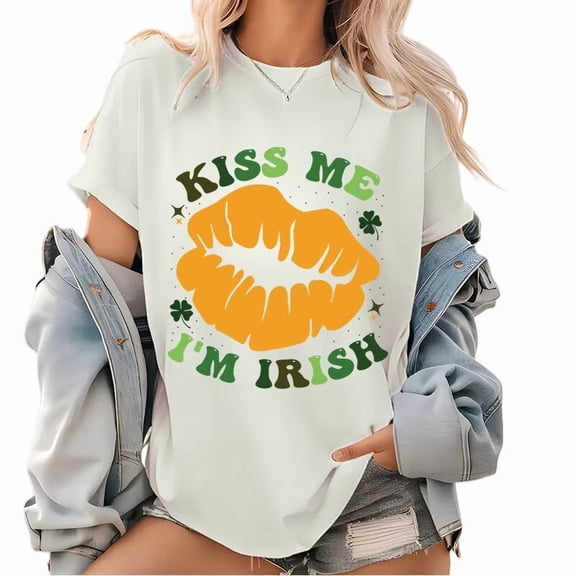 White Print Tshirt Graphic Tees Loose Shirts S-5XL Kiss Me Im Irish Cool St Patricks Day Cotton Tops