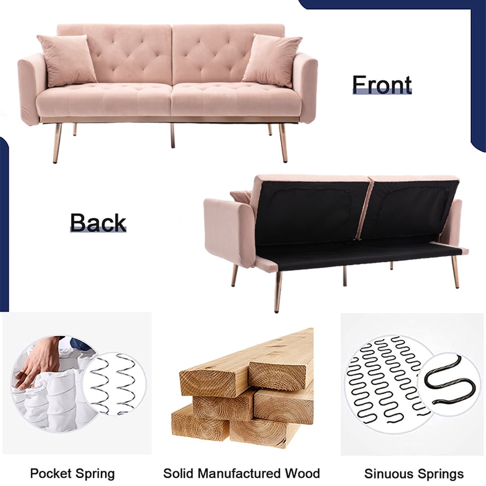  SSLine Velvet Futon Couch,64inch Mid Century Sofa Couch 2 Small  Pillows,Modern Upholstered Loveseat Sofa Accent Sofa with Rose Gold Metal  Feet,Folding Sofa Bed for Living Room Bedroom : Home & Kitchen