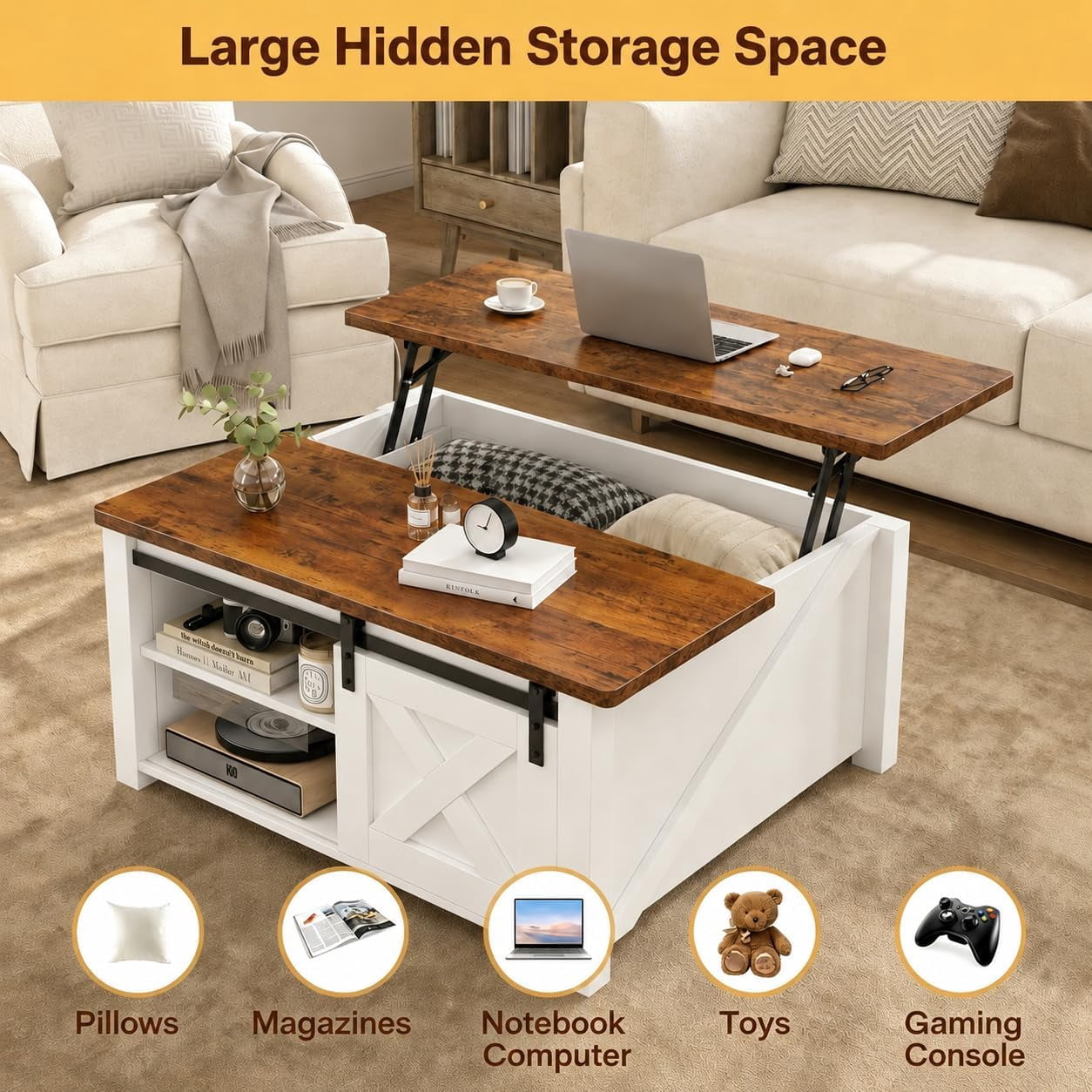 Lift Top Coffee Table with Storage, Farmhouse Coffee Table for Living Room, Coffee Table with Hidden Storage, Coffee Table with Lifting Top Center Table for Living Room