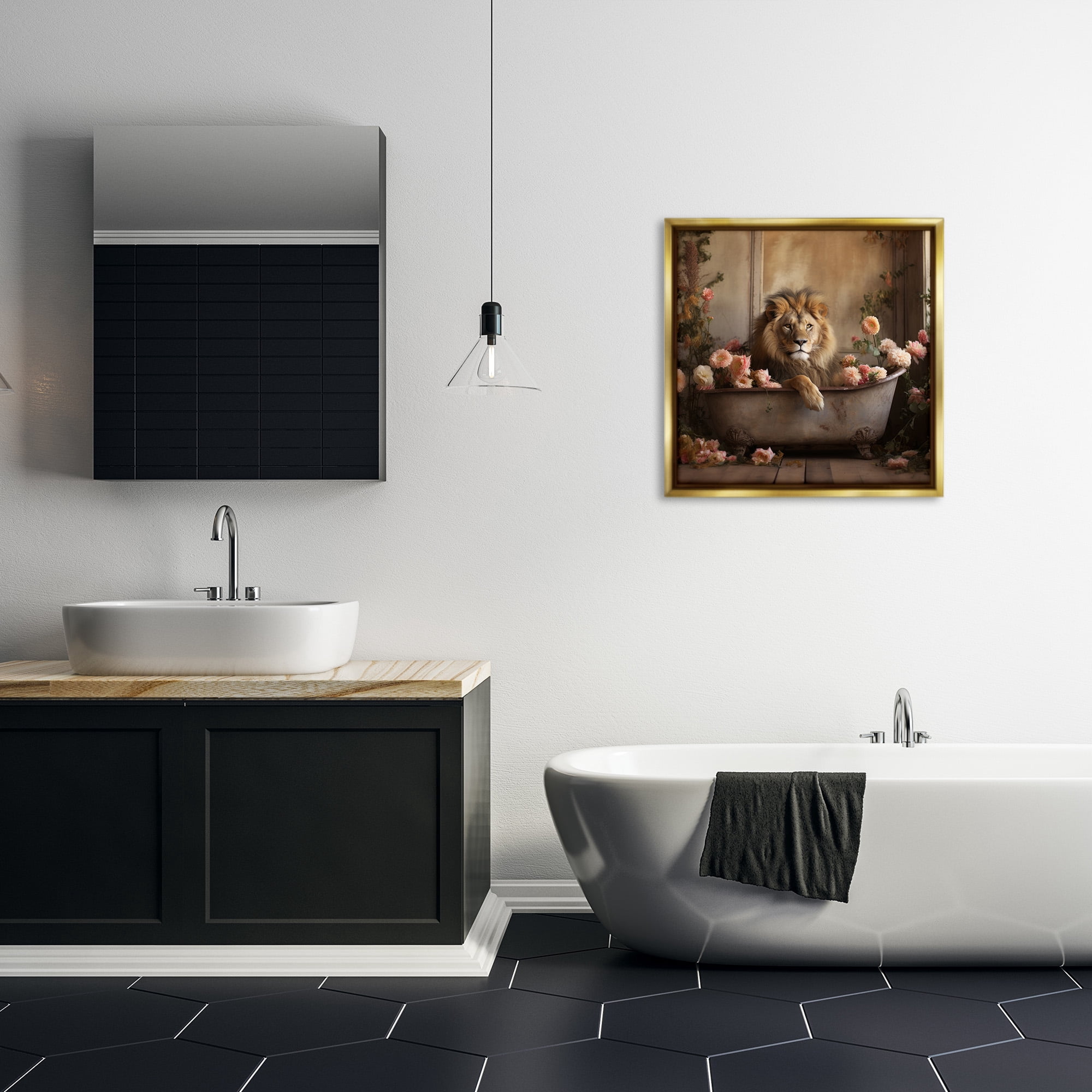 Stupell Industries Lion in Flower Filled Tub Animals & Insects Painting Gold Floater Framed Canvas Art Print Wall Art, 25 x 25