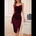 thumbnail image 4 of Vestido de Terciopelo para Mujer, Escote Vuelto, Espalda Descubierta, Fruncido, Ajustado, para Club, Midi. Vino Tinto XL, 4 of 8