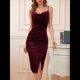 thumbnail image 4 of Vestido de Terciopelo para Mujer, Escote Vuelto, Espalda Descubierta, Fruncido, Ajustado, para Club, Midi. Vino Tinto S, 4 of 8