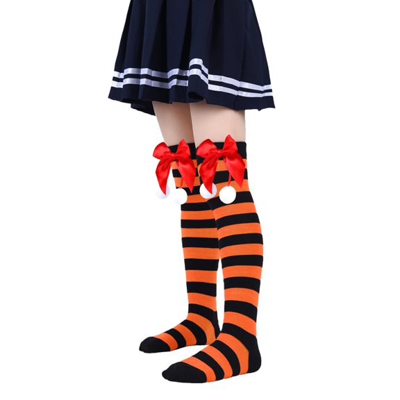 Krdevn Kids Halloween Stripe Red Bow Pom Pom Knee High Socks Size:One Size