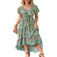 thumbnail image 4 of Robe Boho Longue d'Été pour Femmes à Manches Courtes et Col V Ourlet Irrégulier Cravate Robe Florale, 4 of 6
