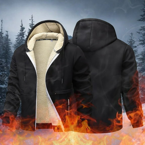 Men's Winter Jacket Lined Hooded Plain Windproof Outdoor Warming Jacket Soft Material Thick Inner Full Zip Comfortable Hood Elastic