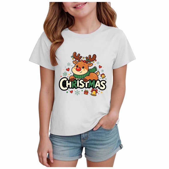 Povozer Girls Christmas Shirt Kids Christmas Tree Graphic T-Shirt Boys Girls Christmas Shirts Toddler Kids Merry and Bright Shirt,Size 7-8 Years,White