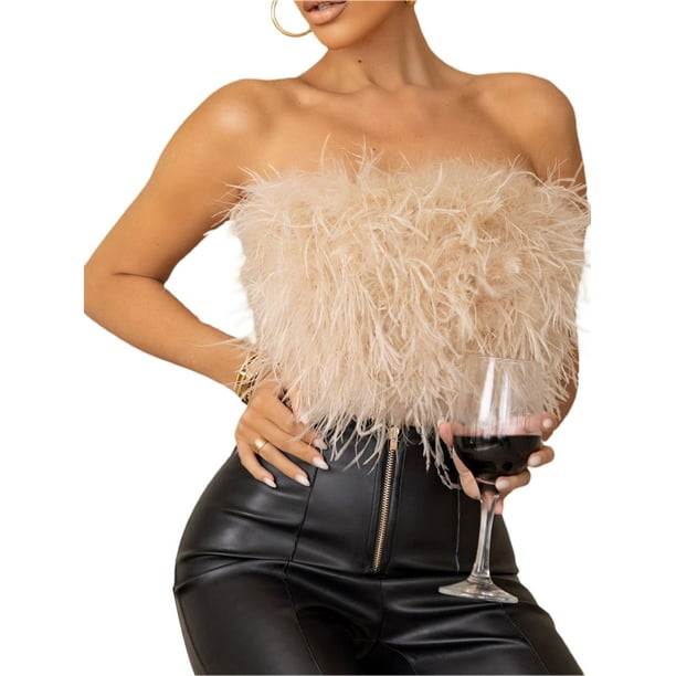 VISgogo Tops de tubo para mujer, decoración peluda de color sólido para adultos sin mangas con hombros descubiertos y espalda descubierta, tops cortos ajustados VISgogo moda