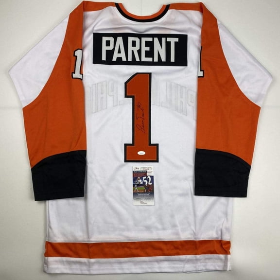 Autographed/Signed Bernie Parent Philadelphia White Hockey Jersey JSA COA