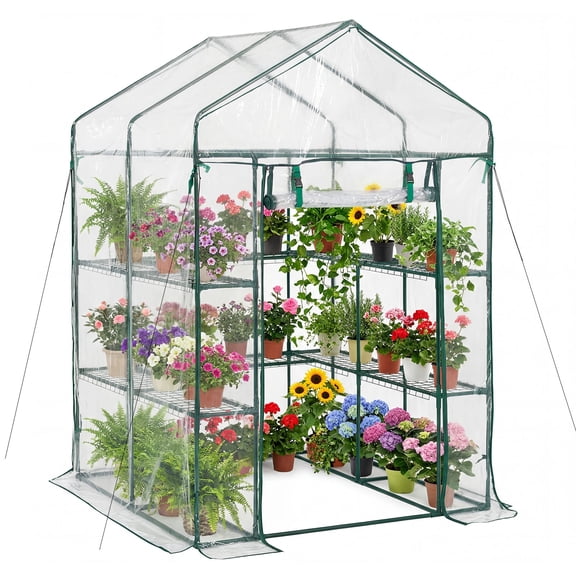 VEVOR Walk-in Greenhouse, 54" x 54" x 77.2" Greenhouse for Outdoors with PVC Cover, 2 Tiers 10 Shelves, Roll-Up Zipper Door, Walk in Green House, Portable Plant Garden Hot House for Backyard Outside