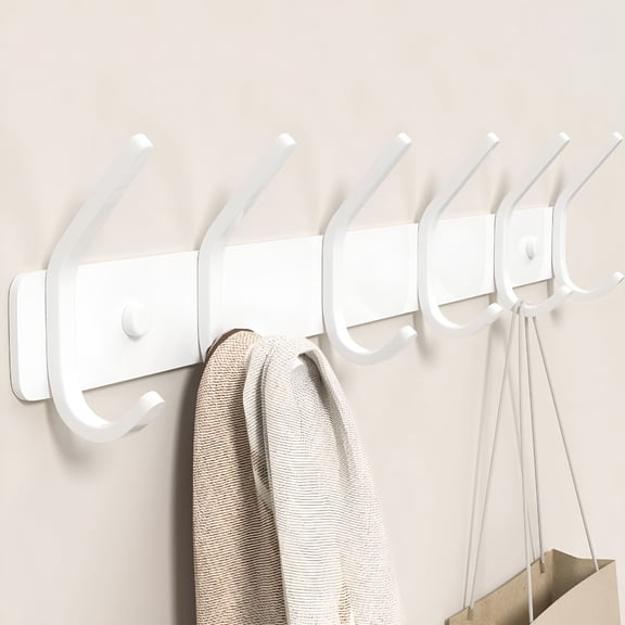 XIBUFE Coat Rack Wall Mount Hooks - 15 Inch Matte White Metal 6-Hook Organizer Wall Mounted,Modern Kids Room,Entryway & Bathroom Hanger for Beach Towels,Coats,Purses,Bags (1 Pack)