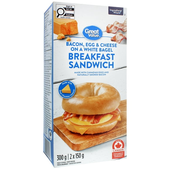 Great Value Bacon, Egg & Cheese on a White Bagel Breakfast Sandwich, 300 g (2 x 150 g)